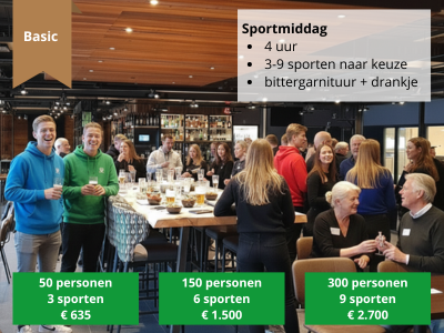 Collega's aan tafel met een drankje in het sportcaf&eacute; van Olympos na de Sportmiddag Basic