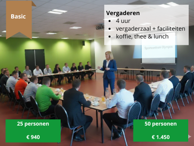Groep in een U-opstelling luistert naar een spreker in een vergaderzaal van Olympos, Sportief vergaderen Basic